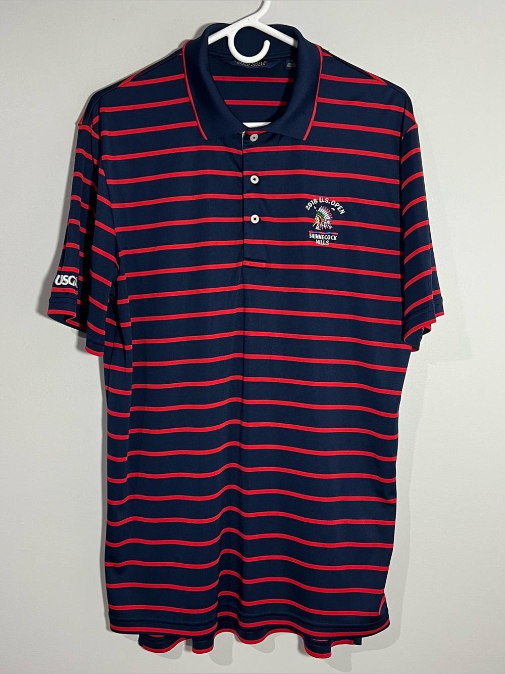 Polo Golf Ralph Lauren US Open 2018 Blue Striped Short Sleeve Shirt Mens Medium